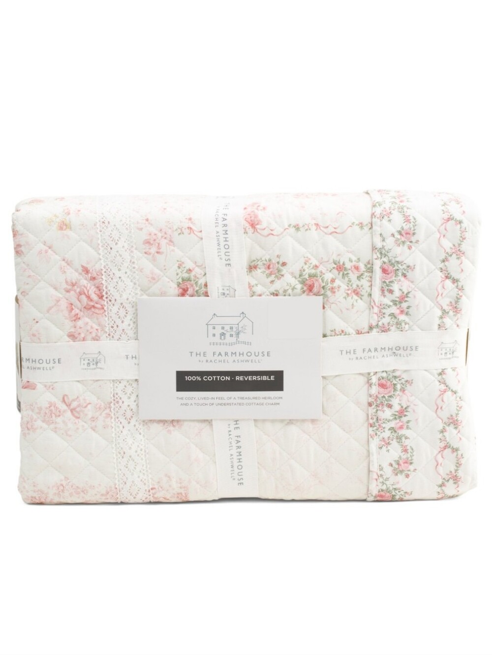 The Farmhouse by Rachel Ashwell QUEEN 3pc Ribbon Quilt Set Cottagecore Pink